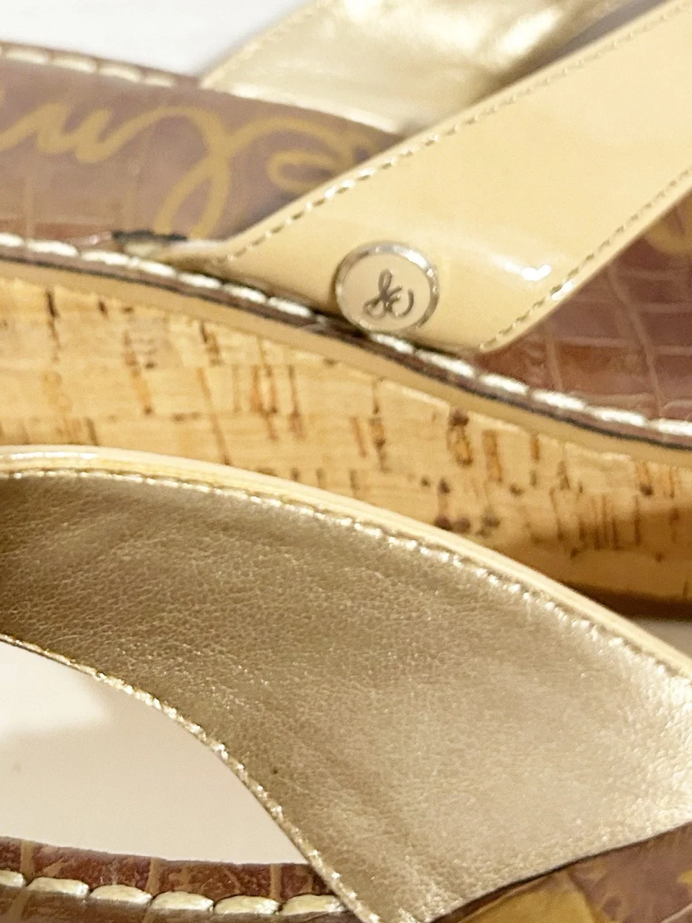 Sam Edelman Romy FF Patent Cork Wedge Thong Sandals – Nude Beige – Size 6M / 36